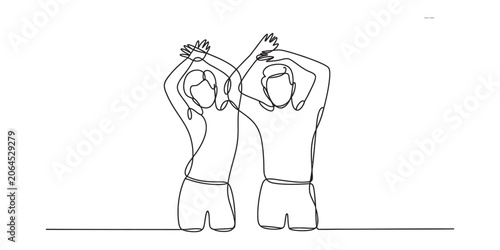Obraz na plátně Continuous single line drawing of a man and a woman stretching their arms and bo