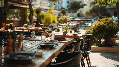 Outdoor cafe tables set for lunch