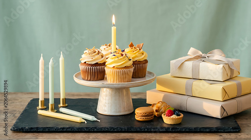 Assorted cupcakes and wrapped gifts on a wooden table with a lit
