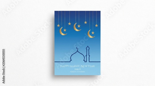 Stylized mosque with domes and minarets in dark blue, crescent moon and stars above, symbolizing Muharram, peace, devotion, and celebration…