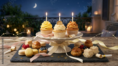 Celebration of Sweet Treats: Cupcakes and Macarons on a Wooden T