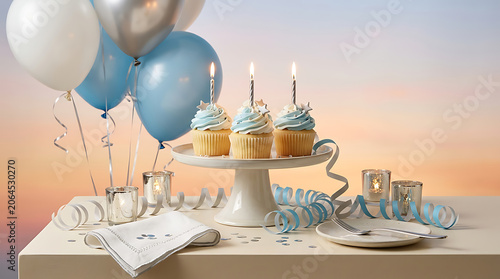 Celebration of Birthday with Cupcakes and Balloons