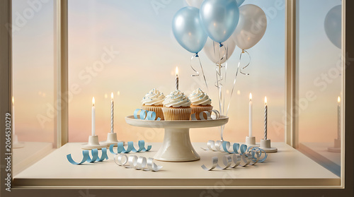 Celebration display of cupcakes and balloons on a white table