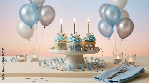 Celebration setup with birthday cupcakes and light blue balloons