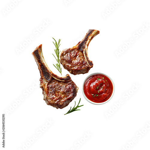Two grilled beef steaks with ketchup and rosemary