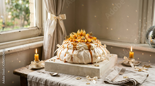 Elegant pastry dessert presentation on a white table with candle