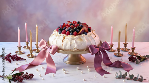 Elegant layered cake decorated with fresh berries and luxurious
