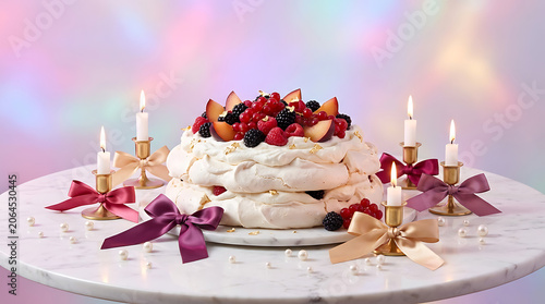Elegant tiered cake decorated with fresh berries and luxurious r