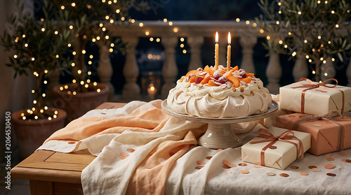 Festive birthday cake and wrapped gifts with warm string lights