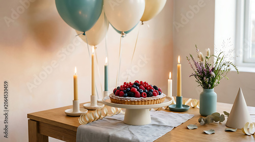 Festive fruit arrangement with candles and balloons on a wooden