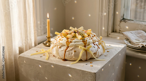 Close-up of a soft cake or pastry decorated with yellow ribbon,
