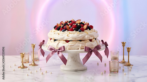 Fresh berry dessert platter with cream and gold ribbon accents
