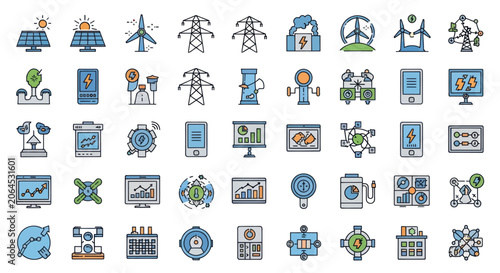 Collection of modern technology and energy icons.