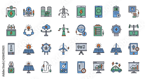 Collection of energy and technology icons representing renewable energy and modern industry.