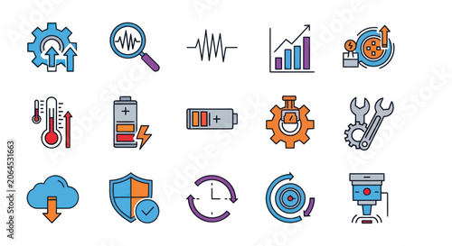 Collection of Technology and Science Icons Representing Data Analysis and Progress.