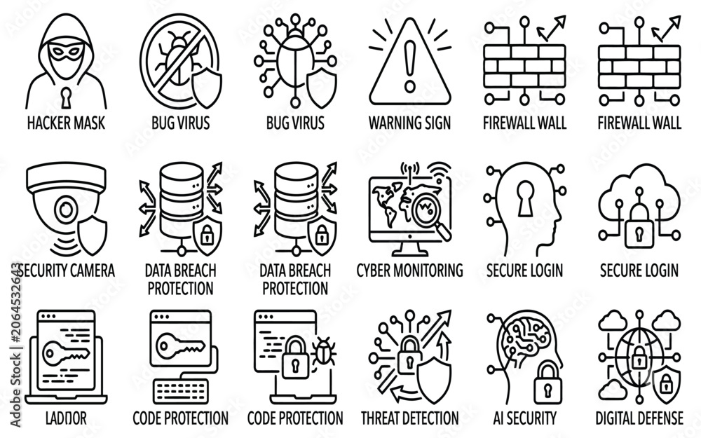 Fototapeta premium Cyber Security and Digital Protection Thin Line Icons Set