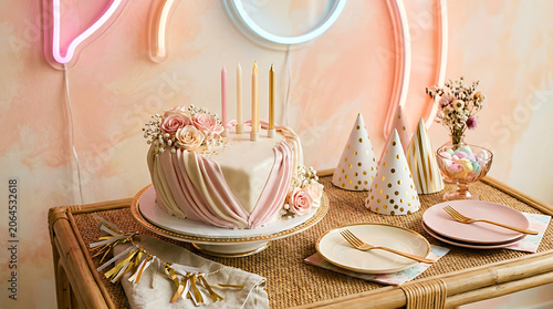 Pink tiered wedding cake with gold accents and floral decoration