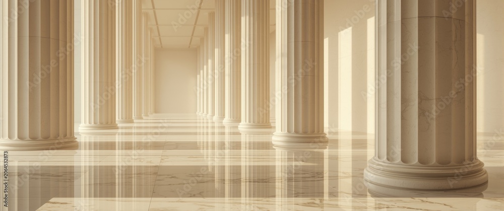 Naklejka premium Illuminated corridor with tall white columns basking in warm sunlight