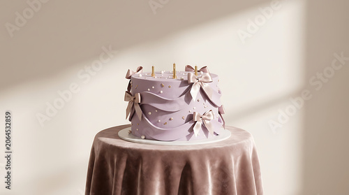 Tiered purple wedding cake with decorative bows on a velvet tabl