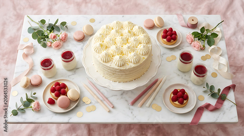 Elegant dessert table featuring cupcakes, macarons, and fresh st
