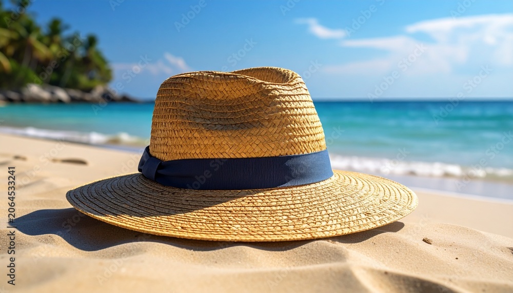 Obraz premium A stylish straw hat resting on the soft golden sand of a tropical beach with beautiful ocean waves and clear blue sky on a sunny summer day.