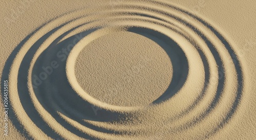Zen Garden Circles: A serene overhead view of a Japanese Zen garden featuring meticulously raked sand forming concentric circles, symbolizing peace and mindfulness.