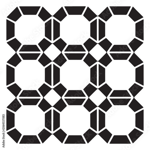 A seamless geometric pattern featuring repeating black octagonal shapes and squares on a clean white background