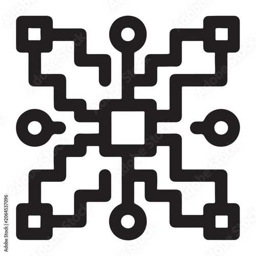 A minimal flat vector icon design representing a digital electronic circuit board with interconnected nodes and lines