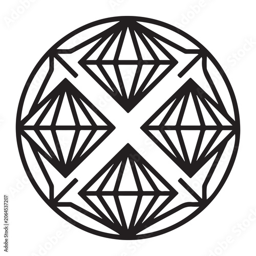 Abstract geometric circular emblem featuring diamond shapes and intricate symmetrical lines isolated on a white background
