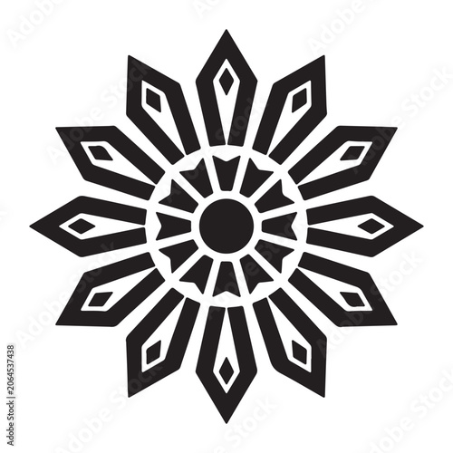 Isolated black and white geometric flower motif featuring symmetrical starlike petals for decorative graphic design projects
