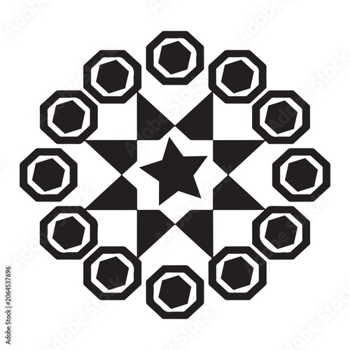A black and white geometric pattern featuring a central star shape surrounded by circular decorative border elements