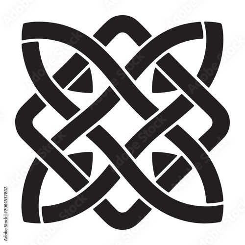 Isolated black celtic knot symbol with symmetrical woven pattern design elements on a clean white background