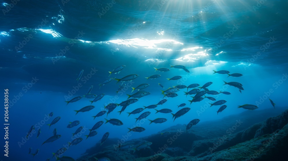 Naklejka premium School of fish swimming in bright sunlit ocean water