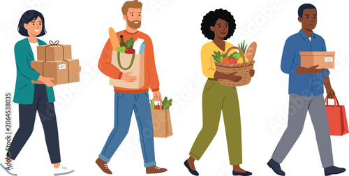 Konstfotografi Diverse People Carrying Shopping Bags Boxes and Groceries Vector Illustration fo