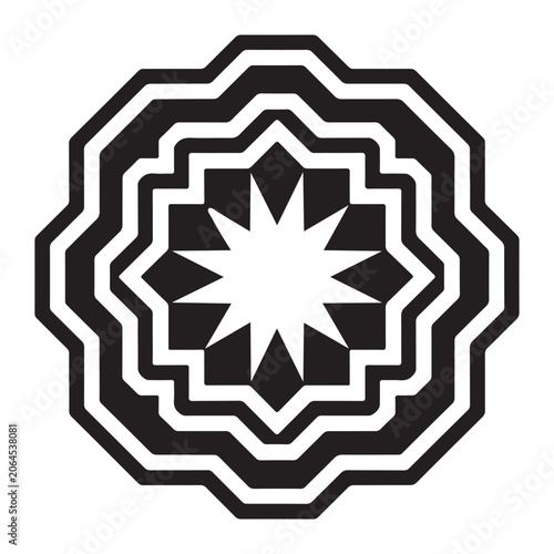 Abstract monochrome geometric pattern with a central star surrounded by concentric layered polygon shapes on white