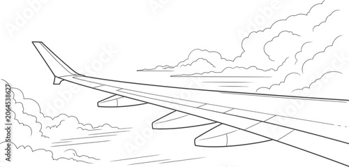 Airplane wing, flying, clouds, line art, vector illustration, travel, transportation