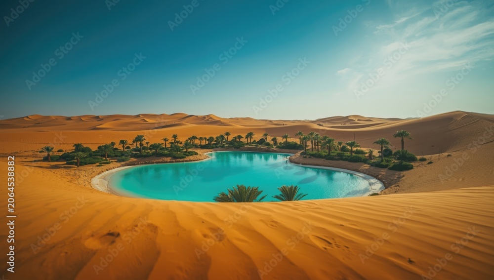 Obraz premium Wide desert oasis featuring vibrant water pools amid sand dunes