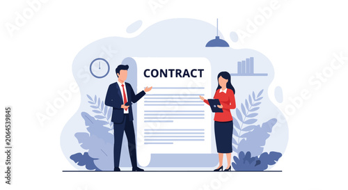 Flat style vector illustration of contract offering between professional HR human resources and new employee in office setting. Perfect for legal services, presentations, and corporate materials