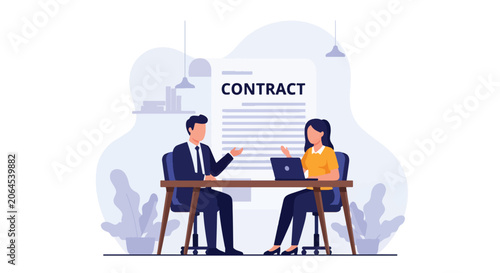 Flat style vector illustration of contract offering between professional HR human resources and new employee in office setting. Perfect for legal services, presentations, and corporate materials