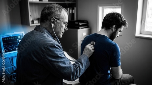 Doctor Examining Patient With Stethoscope In Medical Office