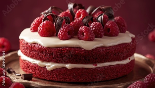 Richly textured red velvet cake topped with plump raspberries and dark chocolate curls, suitable for honoring Women's Day and joyful occasions