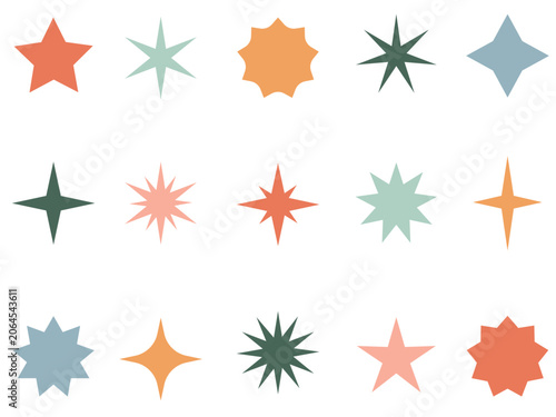 Set of sparkle star shapes icons. Abstract cool shine 70s 80s 90s design elements. Y2k abstract signs.