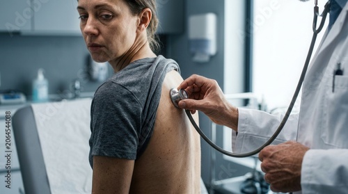 Doctor Examining Patient's Back With Stethoscope At Clinic