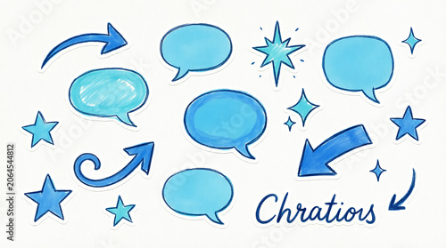 Blue hand drawn speech bubbles arrows stars and light symbols collection set.
