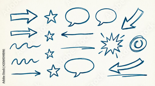 Blue hand drawn graphic set featuring arrows stars speech bubbles and shapes.