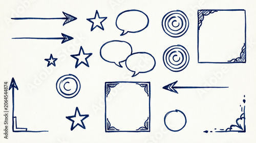 Hand drawn doodle set with arrows stars speech bubbles frames and symbols.