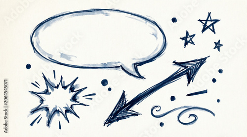 Collection of hand-drawn blue ink design elements on light textured background.