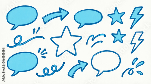 Various blue doodle elements including speech bubbles, stars, and arrows.