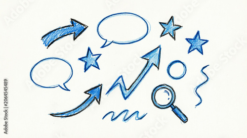 Set of blue hand drawn arrows, speech bubbles, and stars with magnifying glass.