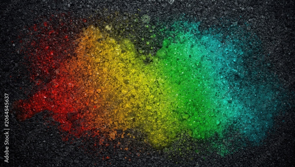 Fototapeta premium Radiant colorful oil blotch on rugged asphalt texture background with copy space